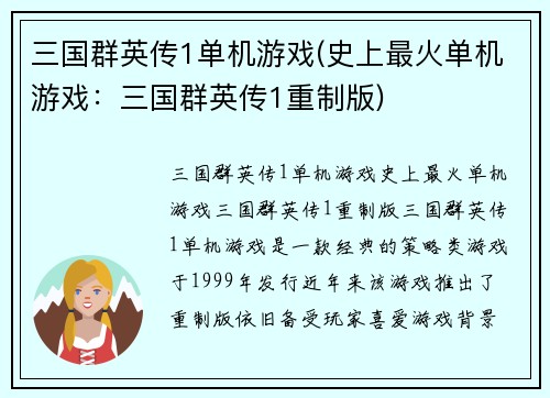 三国群英传1单机游戏(史上最火单机游戏：三国群英传1重制版)